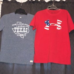 One red Under Armour shirt, and one blue Old Navy
